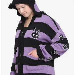 Deals ❤️ Studio Ghibli Kiki's Delivery Service Jiji Stripe Skimmer Girls Hooded Cardigan Plus Size 🎉